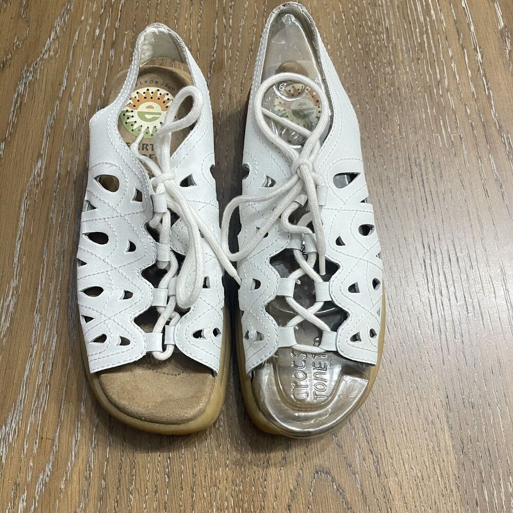Earth Shoe Harmony Sandal Womens 7.5 White Lace Up Sling Back Leather Open‎ Toe